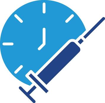 Syringe and clock time icon to symbolize injection effect duration schedule, vaccination time, immunization, or injection reminder. vector