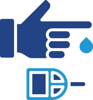 icon related to blood sugar test in the process of taking blood sample from finger indicates examination as part of general health check. vector