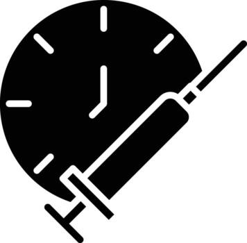 Syringe and clock time icon to symbolize injection effect duration schedule, vaccination time, immunization, or injection reminder vector