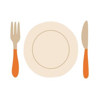 A plate with a fork and knife on it. The plate is white and the fork and knife are orange vector