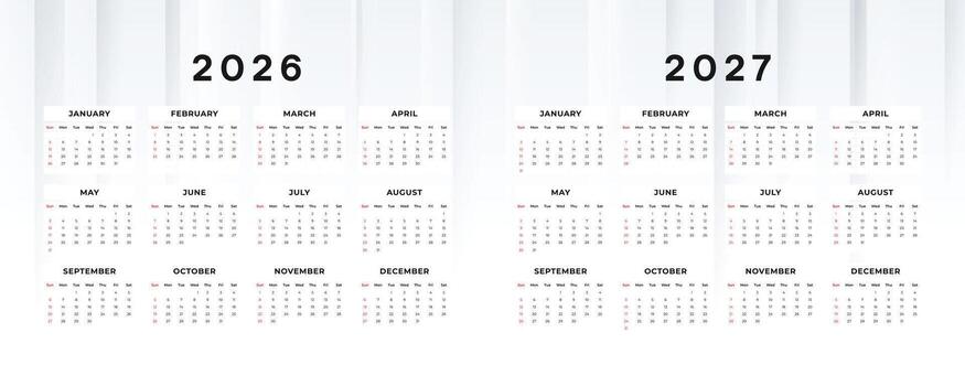 Minimal Flat Calendar for 2026 and Calendar 2027 Printable Annual Template with Clean Layout Modern Design Ready for Print or Digital Use vector