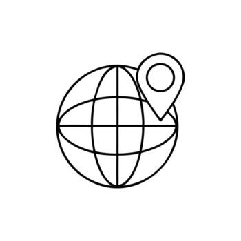 Globe with Location Pin Icon in Line Art Style on Transparent Background vector