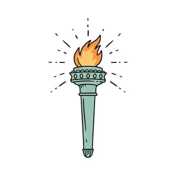 Hand-drawn flaming torch illustration with decorative elements and radiating light vector