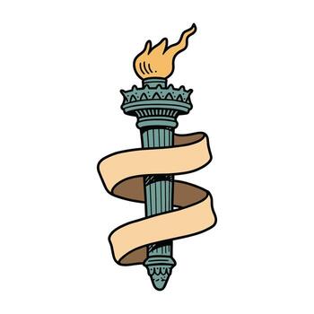 Illustration of liberty torch with flame and scroll design vector