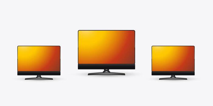 Set of flat LED screen mock-up realistic stand, radiating with a warm gradient of orange, yellow, and red hues. Three creative presentation LCD vector
