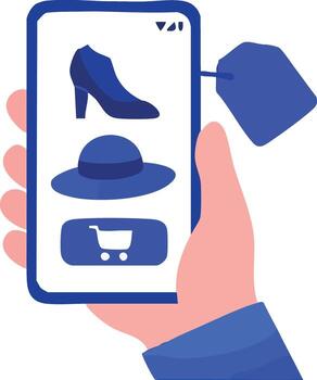 un mano participación un teléfono inteligente mostrando un en línea compras aplicación con producto iconos, incluso un tacones altos zapato, un sombrero, un compras carro botón, vector