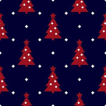 sin costura festivo modelo con rojo Navidad arboles y estrellas en oscuro azul antecedentes en retro píxel Arte o de punto estilo vector