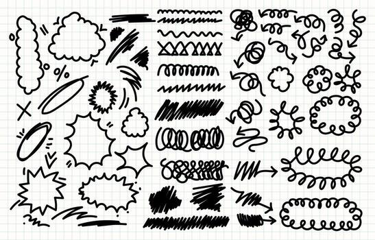 collection of Hand drawn brush stroke highlight speech bubble cloud and sparkle arrow element in childish drawing in various style vector
