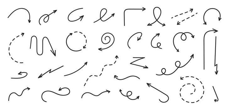 mano dibujado flechas en curvo, discontinuo, espiral, ondulado formas con negro marcador o bolígrafo estilo. direccional flecha garabatear elementos. aislado línea bosquejo punta de flecha punteros conjunto vector