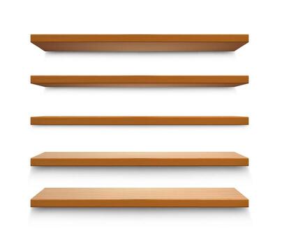 Wooden shelves. Wood shelf, 3D empty wall bookshelf with shadow and perspective, book box, bar furniture for store display or home library. isolated realistic template vector