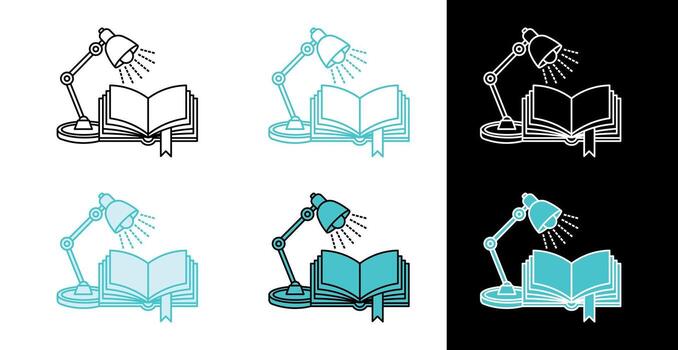 Desk lamp and open book icon for learning and education in line and fill style vector