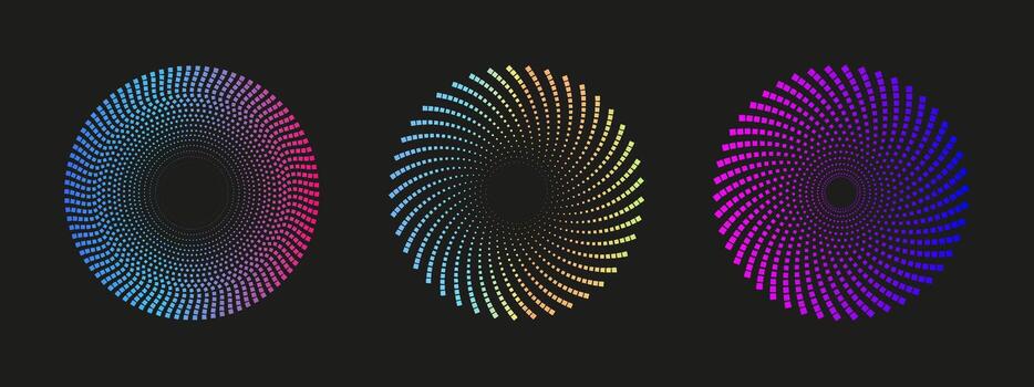 Bundle of round neon sound wave frames. Vibrant dotted oscillations forming abstract equalizer patterns. design for posters, covers, or modern music backgrounds. vector