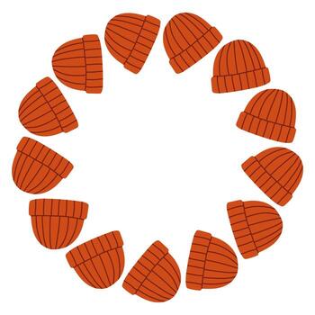 Autumn knitted red hat circle frame. Round border made of doodle hand drawn fall elements. Arranged in a circle for stickers, banners, cards, ads. flat isolated on white background. vector