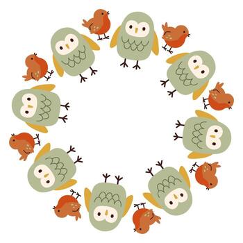 Autumn owl bird circle frame. Round border made of doodle hand drawn fall elements. Arranged in a circle for stickers, banners, cards, ads. flat isolated on white background. vector