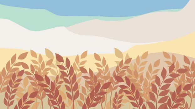 Golden wheat field background with overlapping mountain view, decorated with harvest vector