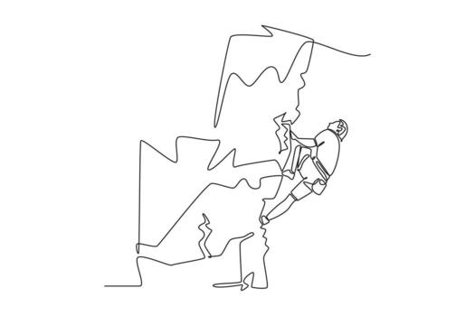 Single one line drawing young male climbing a cliff in challenging pose, representing concentration and courage required to conquer a rock wall. Continuous line draw design graphic illustration vector