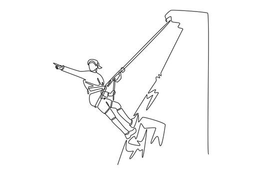 Continuous one line drawing young man is pointing forward while rappelling, embodying a thrilling hobby, athletic skill, and motion of the descent. Single line draw design graphic illustration vector