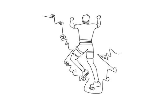 Single one line drawing back view of man climbing a cliff, representing physical power and focused effort required to conquer rock wall. Modern continuous line draw design graphic illustration vector