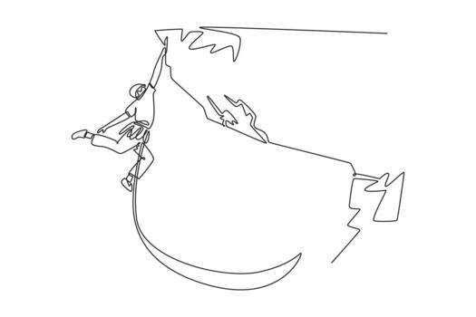 Continuous one line drawing attractive man climbing a rocky cliff with a rope, symbolizing adventure, strength, determination, and thrill of ascent. Single line draw design graphic illustration vector