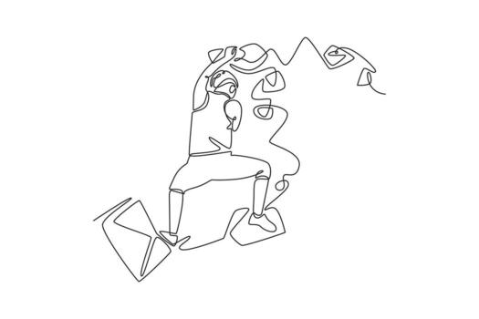Single continuous line drawing back view of female climbing cliff in a challenging pose, representing the focused concentration to conquer a rock wall. One line draw graphic design illustration vector