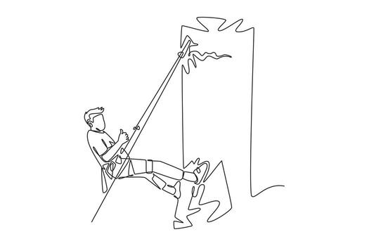 Single one line drawing male climber rappelling down a cliff. Technical skills, courage, and feeling of accomplishment after reaching the top. Continuous line draw design graphic illustration vector