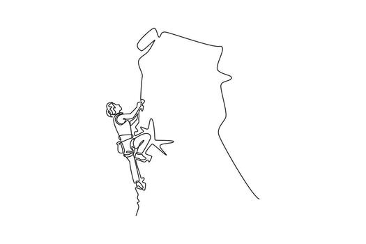 Single continuous line drawing attractive woman climbing a steep cliff, symbolizing adventure, strength, determination, and thrill of ascent. Dynamic one line draw graphic design illustration vector
