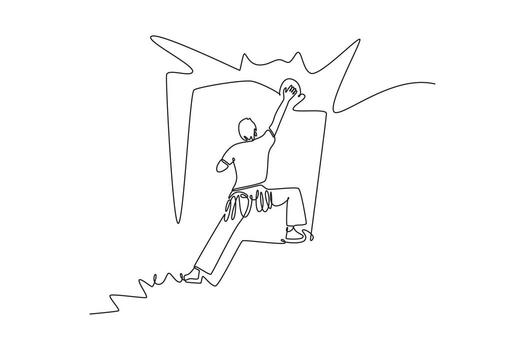 Single one line drawing back view man reaching for high hold on rocky cliff. Adventure, strength, determination, and the thrill of the ascent. Continuous line draw design graphic illustration vector