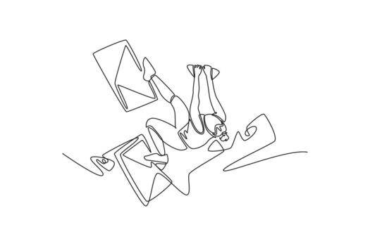 Single continuous line drawing female climbing overhanging cliff in challenging, inverted pose, representing courage required to conquer a rock wall. One line draw graphic design illustration vector