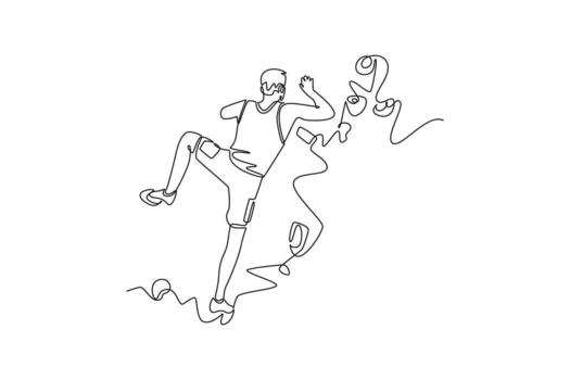Continuous one line drawing bravery man climbing a steep cliff from behind, symbolizing strength, determination, and thrill of the vertical ascent. Single line draw design graphic illustration vector