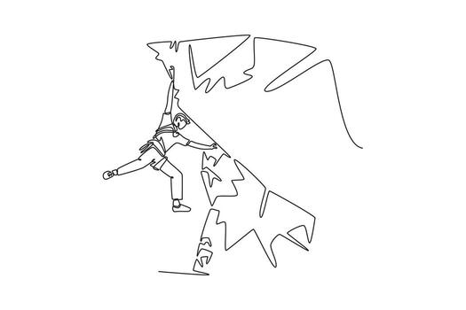 Continuous one line drawing brave man climbing a steep cliff, symbolizing adventure, strength, determination, and the thrill of a difficult ascent. Single line draw design graphic illustration vector
