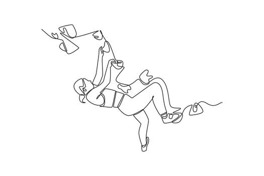 Single continuous line drawing woman climbing an overhanging cliff in a challenging, inverted pose, representing concentration to conquer a rock wall. One line draw graphic design illustration vector
