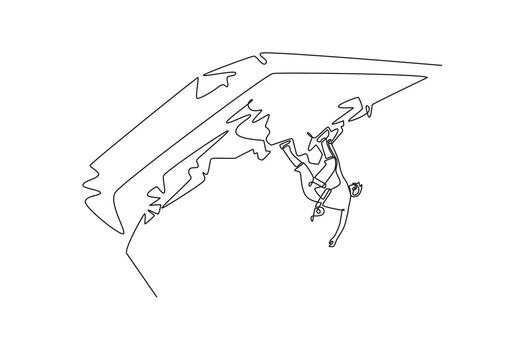 Single continuous line drawing man climbing overhanging cliff in challenging, inverted pose. Concentration and courage required to conquer a rock wall. One line draw graphic design illustration vector