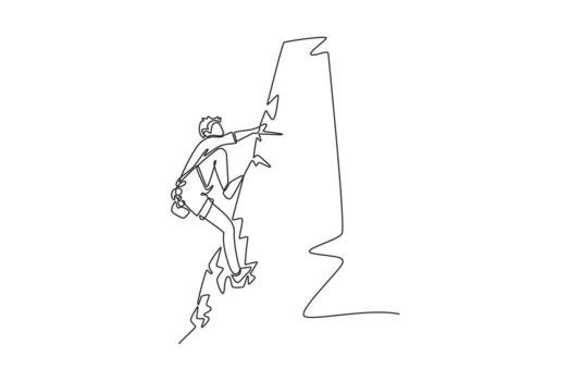 soltero uno línea dibujo masculino trepador en un desafiante pose, representando el enfocado concentración y valor necesario a conquistar un rock pared. continuo línea dibujar diseño gráfico ilustración vector