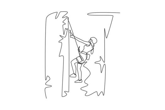 Continuous one line drawing female climbing cliff in challenging pose, representing focused concentration and courage required to conquer rock wall. Single line draw design graphic illustration vector