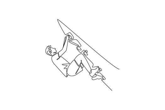 Single continuous line drawing young man climbing steep cliff, symbolizing adventure, strength, determination, and thrill of difficult ascent. Dynamic one line draw graphic design illustration vector