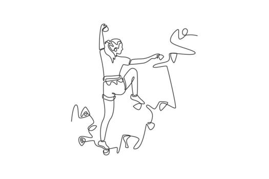 Single continuous line drawing back view of female climbing a cliff in challenging pose, representing courage required to conquer a rock wall. Dynamic one line draw graphic design illustration vector