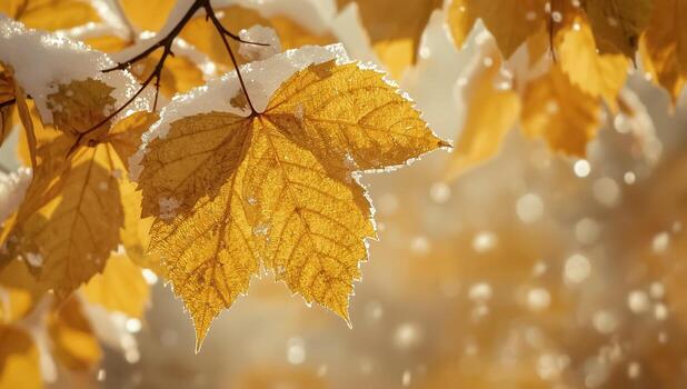 Autumn leaves covered with snow illuminated by golden sunlight in bokeh background creating dreamy natural scene representing seasonal change from fall to winter closeup. photo