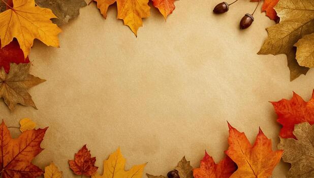Seasonal autumn background with maple leaves and acorns frame on rustic paper texture. Cozy fall concept with warm tones and copy space for text or design. photo