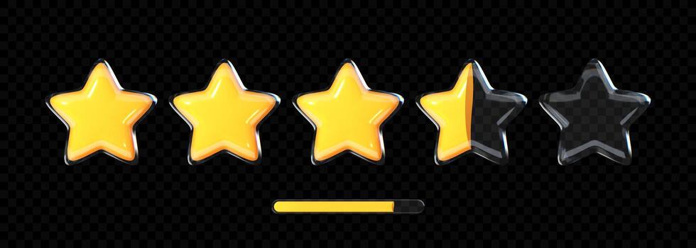 conjunto de amarillo estrella juego íconos con cargando progreso. dibujos animados vaso estrellas relleno con amarillo color para clasificación, Puntuación vector