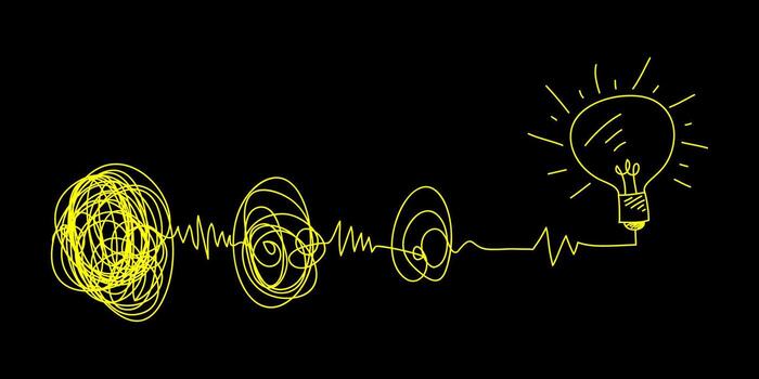Creative bulb on doodle style. the concept of transition from complicated to simple with yellow bulb lamp Symbol of idea innovation vector