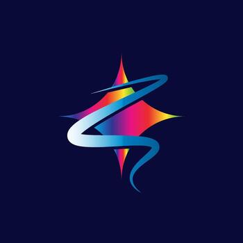 Abstract design featuring a vibrant star shape with a flowing ribbon element, set against a dark blue background. Great for technology, innovation, or creative industry branding. vector