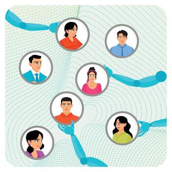 Advertising target group concept. Automation robotic arm AI managing people for target group. vector