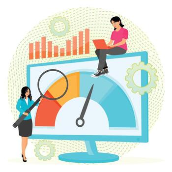 Benchmarking Concept. Data Analysis Featuring Metrics Dashboard and Business Professionals. vector