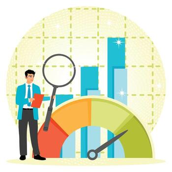 Benchmarking Concept. Businessman Analyzing Performance with Graphs and Metrics. vector