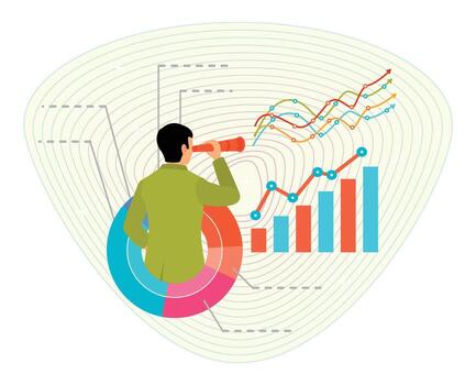 Marketing strategy concept. Businessman Using Telescope with Graphs and Charts. vector