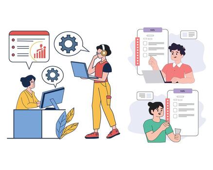 a checklist on it, engaged in a review or discussion, Team checklist Customizable Flat Illustration vector