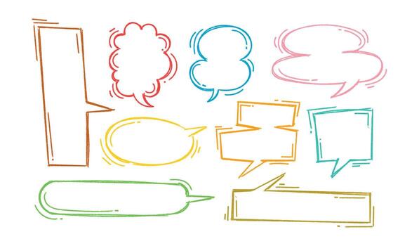 conjunto de vistoso habla burbujas en dibujado a mano estilo , chateando caja, mensaje caja, pensar globo, hablar burbuja vector