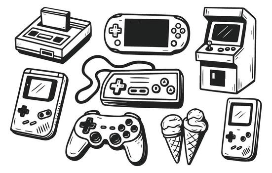 Retro gaming console doodle collection arcade joystick controller isolated on transparent background vector