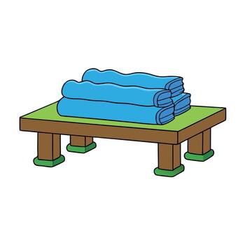 sereno parque ajuste con pulcramente doblada azul toallas descansando en un rústico de madera banco. íconos vector