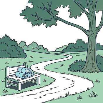 sereno parque ajuste con pulcramente doblada azul toallas descansando en un rústico de madera banco. vector